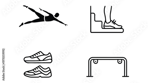 Workout Fitness Equipment Icons: A collection of simple, black and white line icons representing various workout equipment and exercises, ideal for fitness-related design or infographics.