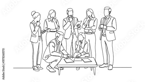 A group of business people discussing. Continuous line style. Hand drawn. Line art. Vector design. illustrations