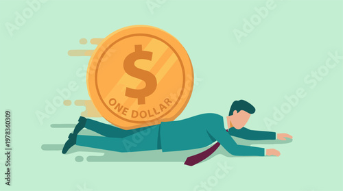 Businessman crushed by giant dollar coin, symbolizing financial crisis and debt