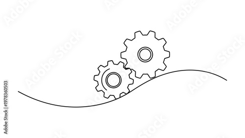 Two gear wheels on a wavy line. Continuous line style. Hand drawn. Line art. Vector design. illustrations