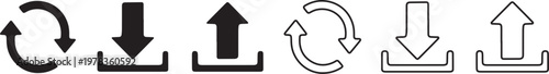 Vector graphic illustration of six different upload and download icons in black and white design