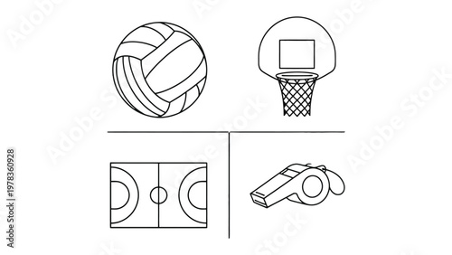 Sporting Essentials: A collection of sports equipment includes a volleyball, basketball hoop, court, and whistle, representing the core elements of athletic competition.