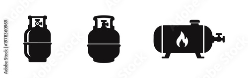 Set of black gas tank and propane cylinder icons on a white background, representing fuel, energy, and industrial storage containers.