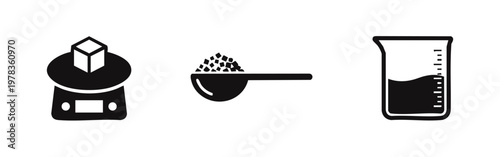 Set of minimalist black icons representing measurement tools: a kitchen scale, a measuring spoon with granules, and a graduated beaker with liquid.