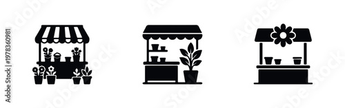 Minimalist black and white vector icons of flower shop stalls and plant kiosks, perfect for business, retail, and garden-themed graphic design.