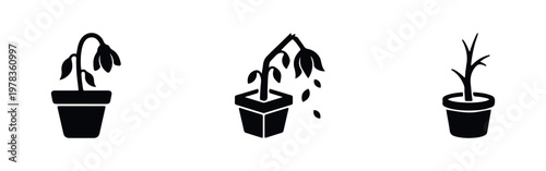 Set of three minimalist black icons depicting wilting and dead potted plants, symbolizing neglect, botanical failure, and the need for plant care.