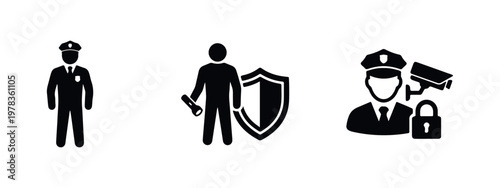 Set of security icons featuring a guard in uniform, a watchman with a shield and flashlight, and surveillance symbols like a CCTV camera and padlock.
