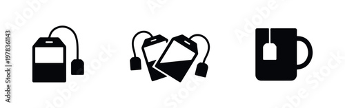 Set of minimalist black tea bag and mug icons on a white background, symbolizing tea brewing, relaxation, and hot beverage preparation.