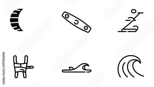 Kite Surfing Essentials: An array of stylized illustrations showcasing the core elements of kite surfing, capturing the essence of this exhilarating water sport.