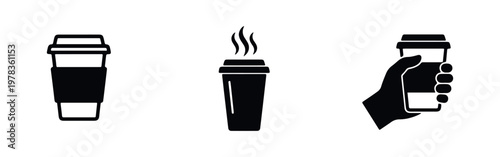 Set of minimalist black icons featuring disposable coffee cups, one with steam and another held by a hand. Perfect for cafe branding and web design.