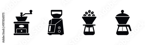 Minimalist black coffee equipment icon set featuring manual and electric grinders, drippers, and pour-over brewers for modern cafe branding.