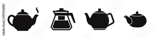 Set of four minimalist black teapot silhouette icons on a white background, featuring various traditional and modern designs for tea and coffee.