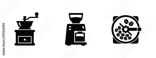 Set of black coffee grinder icons including vintage manual hand-crank, modern electric machine, and top-down view with beans on a white background.