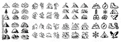 Mountain icons with peak tent and boot outline