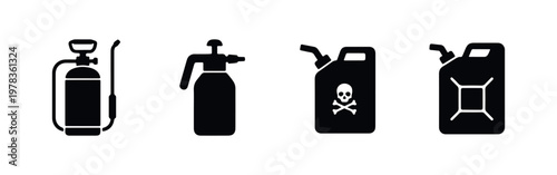 Minimalist black silhouette icons of garden pressure sprayers and chemical canisters, perfect for pest control and agricultural design themes.