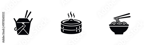 Set of minimalist black icons representing Asian cuisine: a Chinese takeout box, steaming dim sum basket, and ramen noodle bowl with chopsticks.