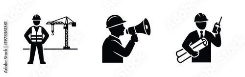 Set of construction and engineering icons featuring a site worker with a crane, a supervisor using a megaphone, and an engineer with blueprints.