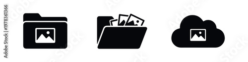 Set of minimalist black icons representing photo folders, an image gallery, and cloud storage for digital assets and photography organization.
