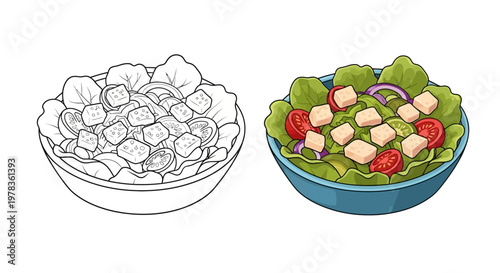 Fresh Salad Bowl: Line Art and Color Illustration of Healthy Food