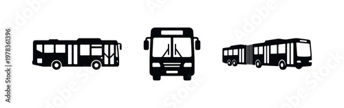 Collection of minimalist black bus silhouettes featuring front, side, and articulated views, perfect for public transit and urban transport design.