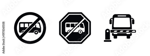 Set of black and white icons representing bus prohibition and restricted vehicle access, including a bus behind a barrier gate.