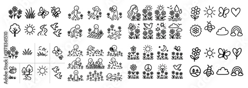 Spring icons with flowers children and sun outline