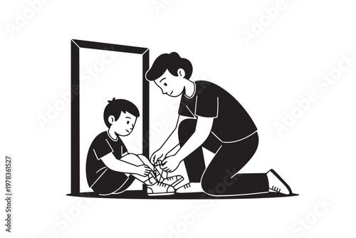 Mother Helping Child Wear Shoes Before School – Parenting Care Routine Illustration for Family Life, Education, and Daily Morning Activity Content