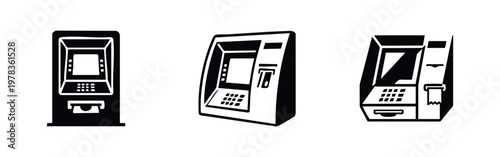 Collection of three minimalist black and white ATM machine icons shown from different angles, ideal for banking, finance, and transaction designs.
