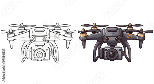 Drone with Camera: Line Art and Color Illustration