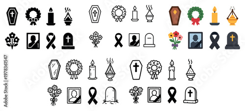 Memorial icons with coffin wreath candle minimal