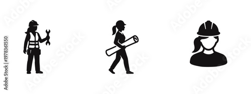 Collection of three minimalist black icons depicting professional women in construction, engineering, and architecture on a white background.