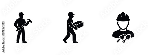 Set of black construction worker icons featuring a builder with a hammer, a laborer carrying a box, and a tradesman with masonry tools.
