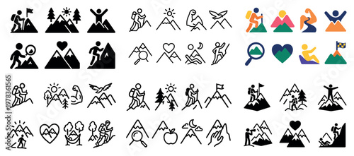 Outdoor icons with mountain hiker heart colorful