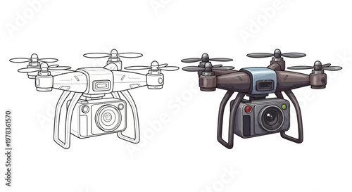 Drone with Camera: Line Art and Full Color Comparison