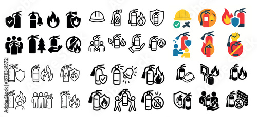 Safety icons with extinguisher flame helmet outline