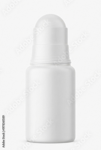 Plastic roll-on deodorant bottle with a spherical applicator ball and a domed screw cap, clean white design, isolated on a clean white background, hygienic product packaging mockup