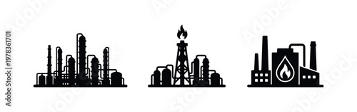 Minimalist black silhouette icons of an oil refinery, a drilling rig with a flare, and an industrial factory building isolated on a white background.