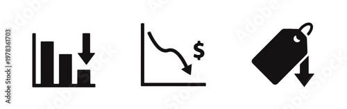 Set of black icons representing economic decline, falling stock market graphs, and lower prices with a tag, isolated on a white background.