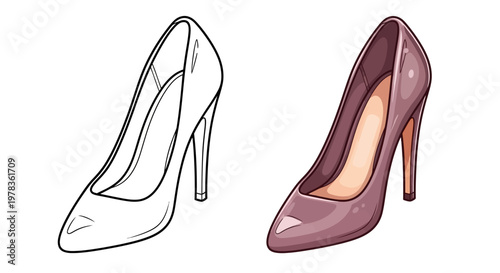 Elegant High Heel Shoe Outline and Colored Version Isolated on White