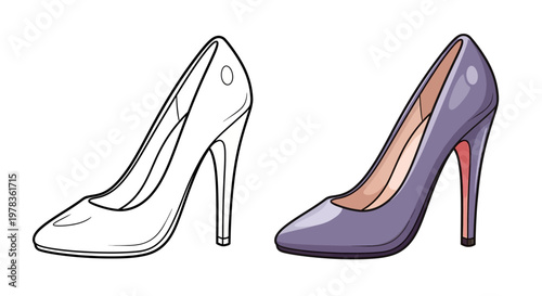 Elegant Purple High Heel Shoe - Outline and Colored Version