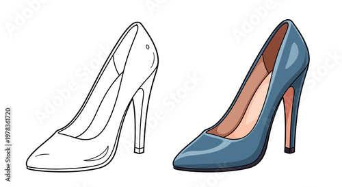Elegant blue high heel shoe, outline and full color illustration, fashion footwear concept