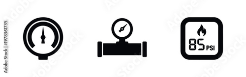 Set of three black icons representing pressure measurement, including analog gauges, a pipe manometer, and a digital boiler pressure display.