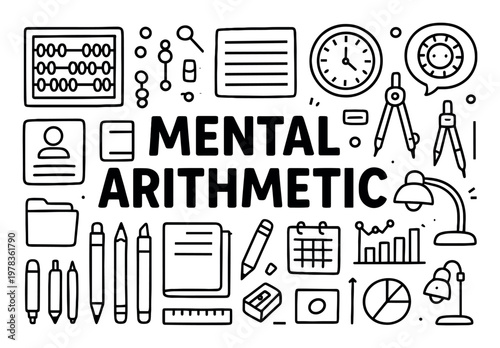 Education icons with abacus clock compass outline