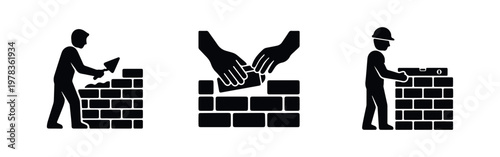 Black silhouette icon set of masonry work, featuring a builder using a trowel, hands laying bricks, and a worker checking alignment with a level.