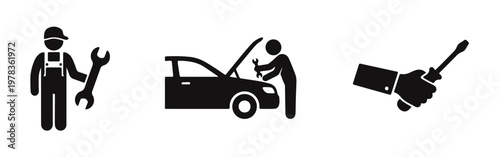Minimalist black icons showing a mechanic with a wrench, a car under repair with the hood open, and a hand holding a screwdriver on white background.