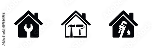 Set of minimalist home repair icons with house silhouettes featuring a wrench, hammer, paint roller, and plumbing tools for maintenance services.