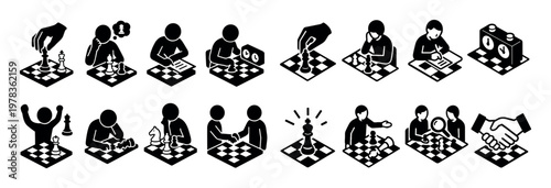 Strategy icons with chess and handshake glyph