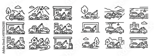 Transportation icons with tow truck car garage outline