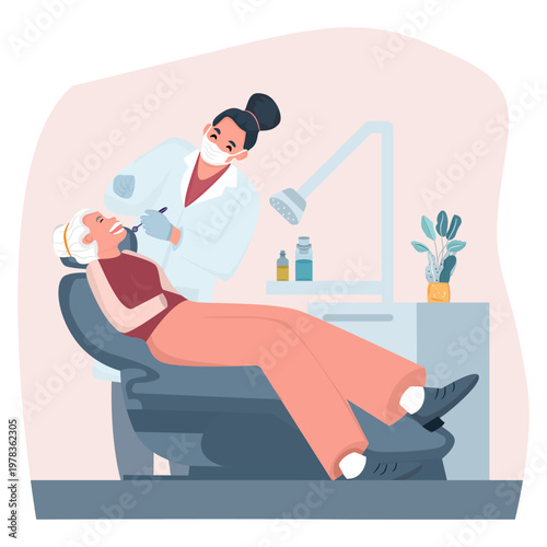 Flat vector illustration of a dentist examining an adult patient in a dental chair. Professional dental checkup and oral healthcare service in a modern clinic isolated on a light background.