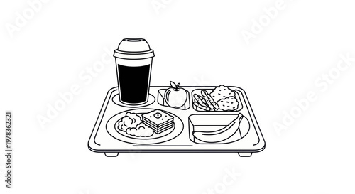 School Lunch Tray with Food and Drink Line Drawing